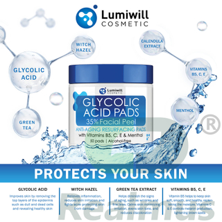Lumiwill?Resurfacing?Pads?conveniently?provide??treatment?that?exfoliates?and?moisturizes?the?skin Glycolic?Acid?35%